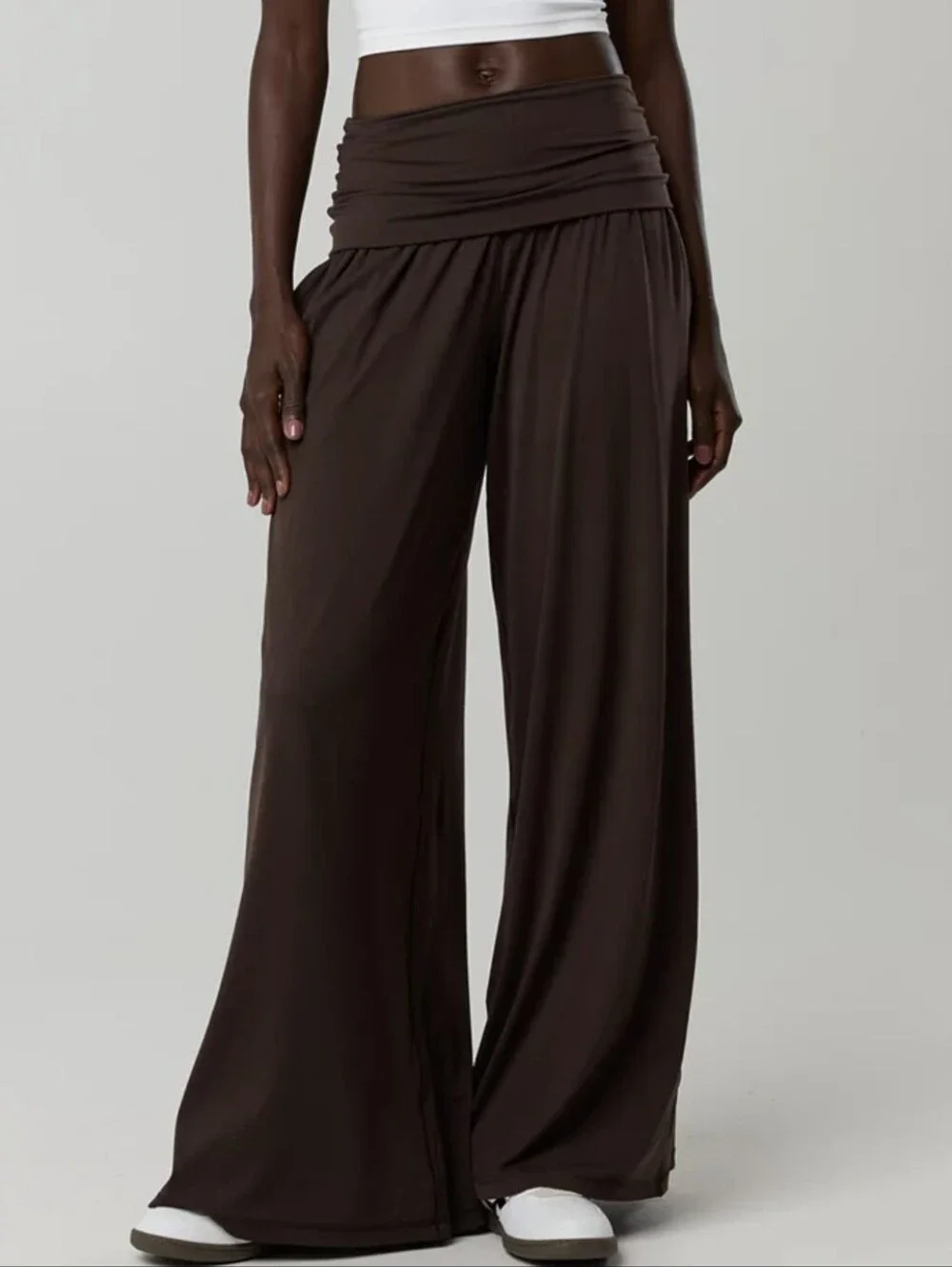 Aerie Real Me Foldover Super Wide Leg Pant Chocolate Brown Stretchy Women's Sz S - Picture 1 of 11